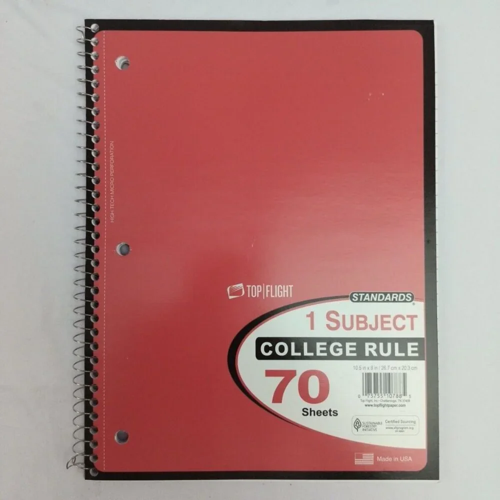 5 Pack Top Flight Spiral Notebook COLLEGE 1 Subject 70 Sheets Assorted Colors